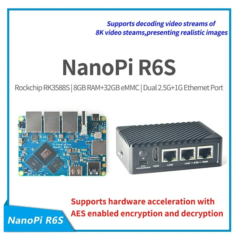 

NanoPi R6S RK3588S Cortex-A76, 8GB DDR4 32GB eMMc 2.5G eth ubuntu debian, FriendlyWrt , Android GPU VPU