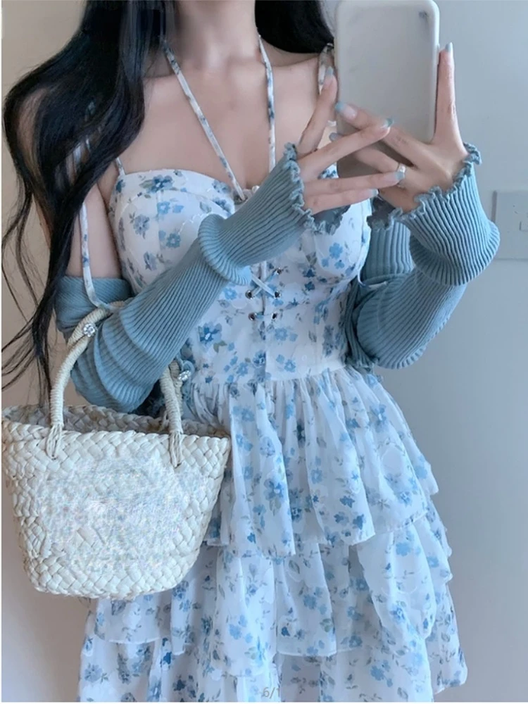 

2022 Summer Sexy Strap Mini Dress Woman Sleeveless Sweet French Elegant Dress Party Korean Fashion 2 Piece Dress Set Female Chic