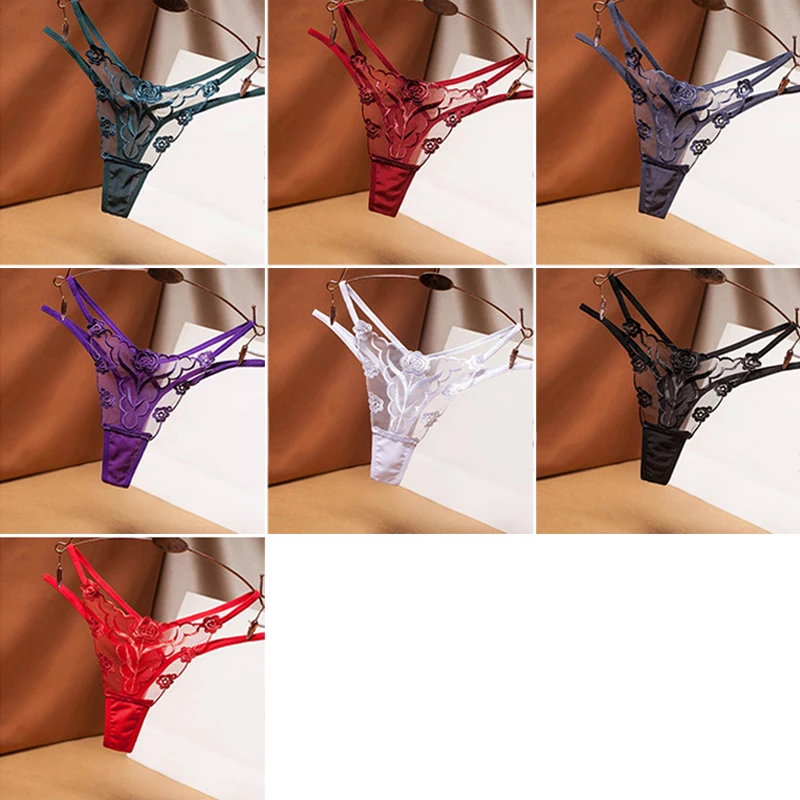 

Women Ladies Mesh Embroidery Panties Hollow Transparent Thong Thin European Style HSJ88