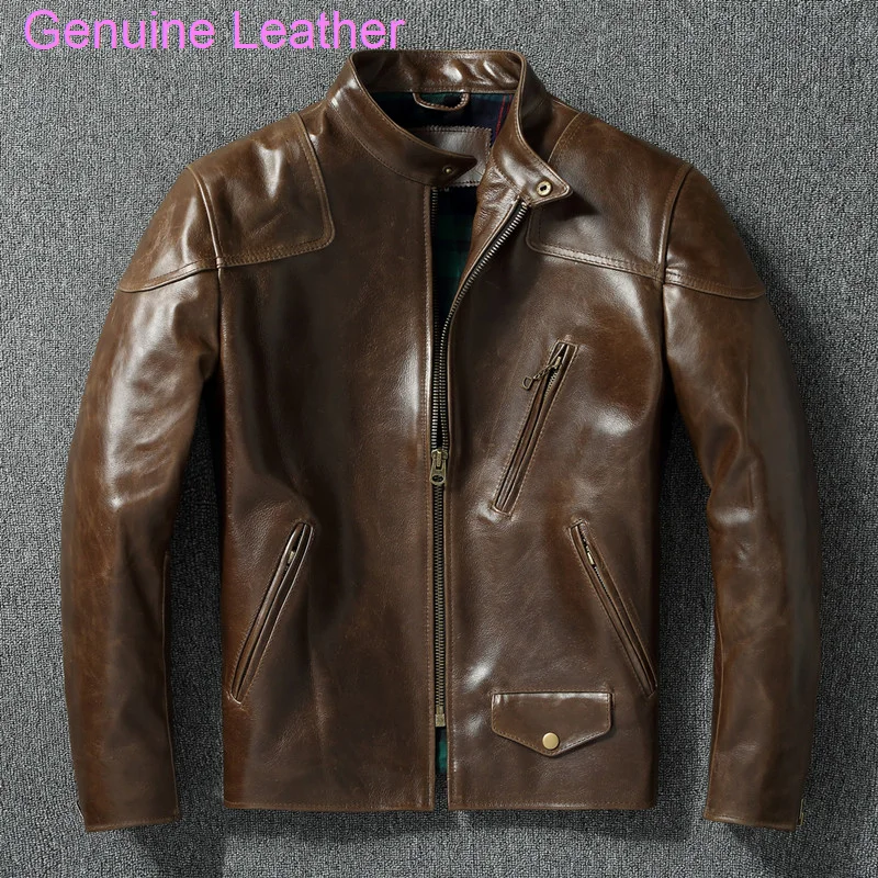 

Мужская кожаная байкерская куртка, коричневая мотоциклетная куртка из вощеной воловьей кожи с воротником-стойкой, верхний слой, стиль RL, ве...