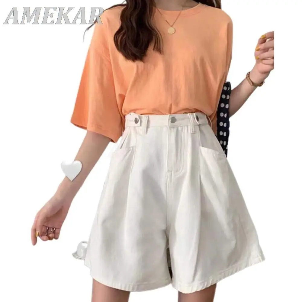 Women Casual Simple Thin High Waist Denim Shorts All-match Straight Wide-leg Hot Pants Lady 2023 Summer New Fashion Short Jeans