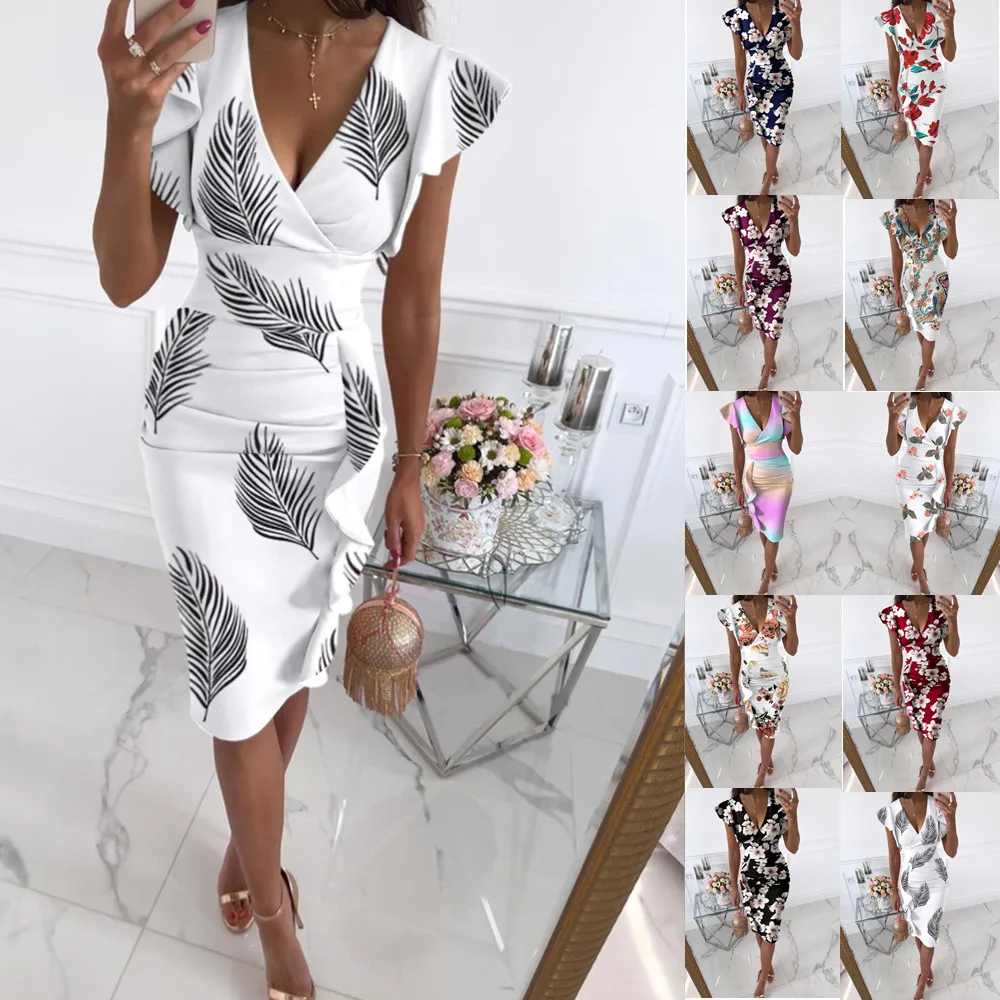 2021 Summer New Fashion Women's Clothing V-Neck Elegant Slim Print Pleated Ruffles Package Hip Female Dress Vestidos De Fiesta