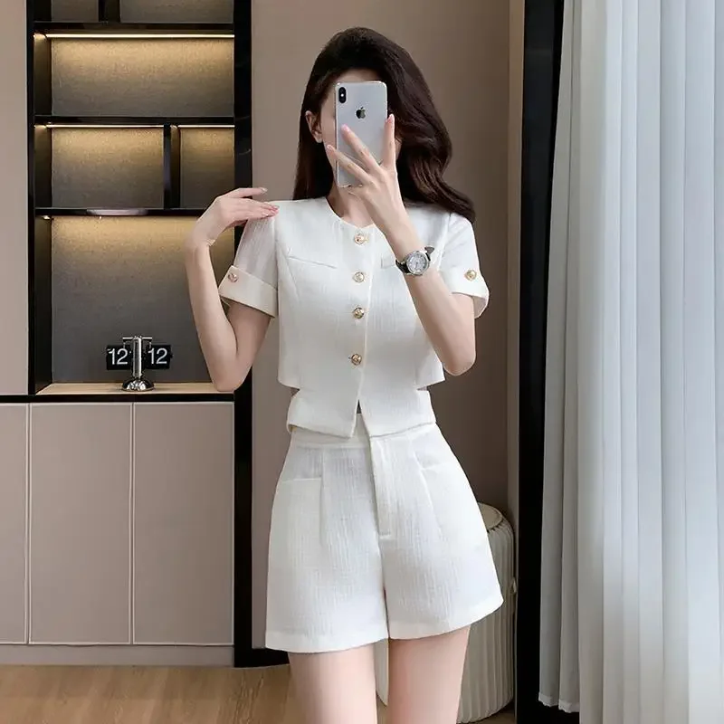 Элегантный твидовый костюм женский топ с короткими рукавами шорты комплект из 2