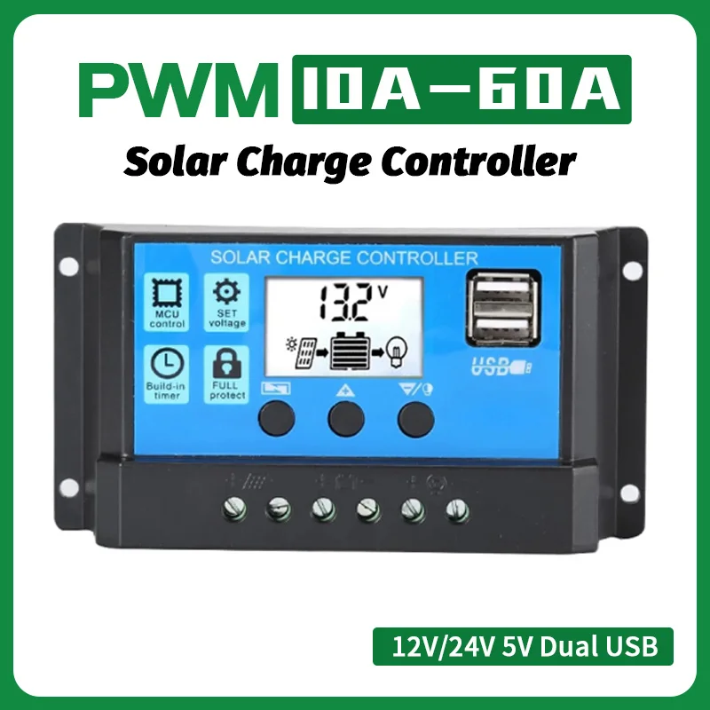 EASUN PWM 60A 50A 40A 30A 20A 10A Контроллер заряда и разряда солнечной батареи 12В 24В автоматический ЖК-Регулятор солнечной батареи с двойным USB 5В Новинка