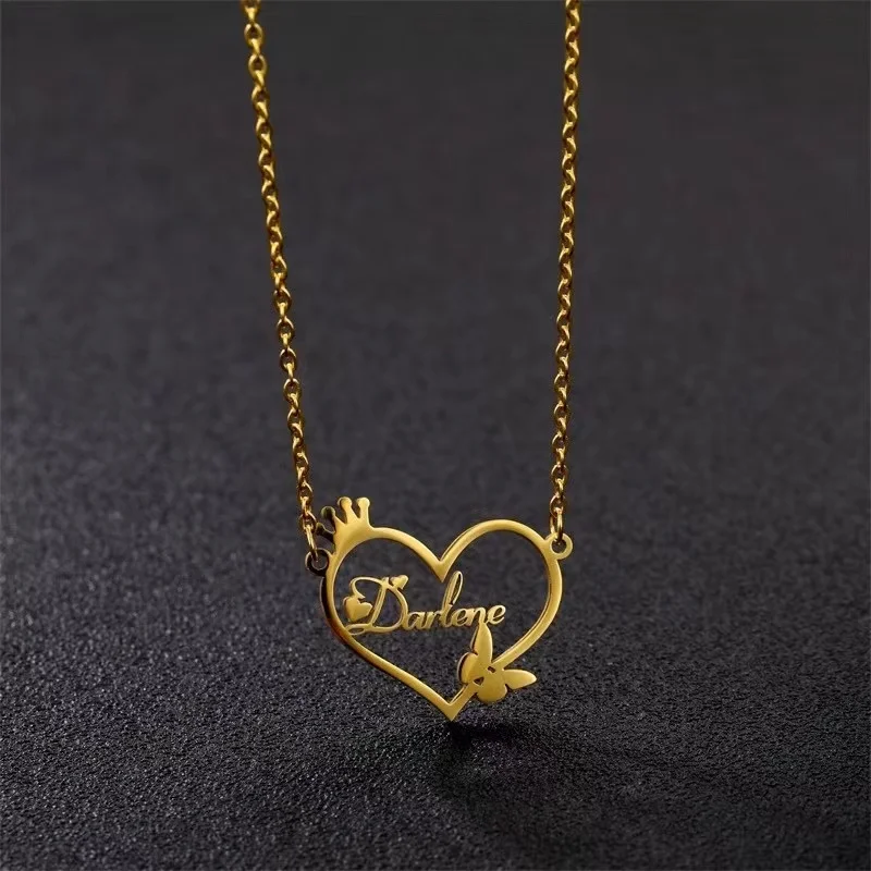 

Custom Heart Name Necklace For Women DIY Personalized Crown Butterfly Pattern Stainless Steel Nameplate Pendant Jewelry Gifts