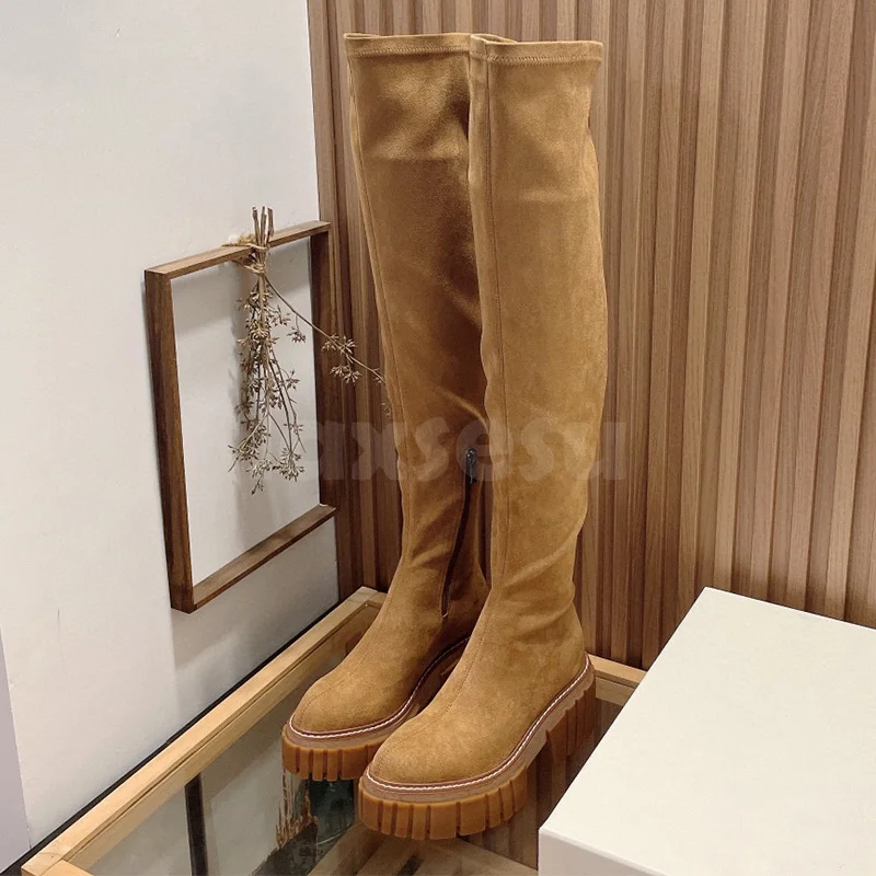 

Женские длинные ботинки, сезон осень-зима, новые эластичные дизайнерские облегающие длинные ботинки из эластичной ткани на высокой платформе, Темпераментная Женская обувь