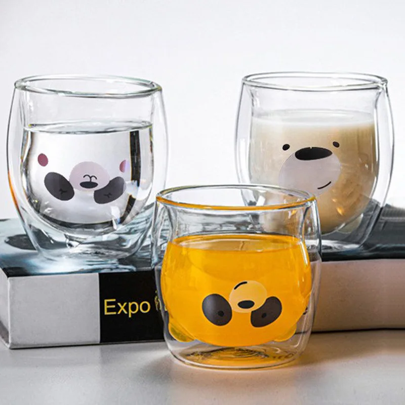 

Креативная стеклянная чашка с двойными стенками в виде панды, Детская кружка для сока, 375 мл, чашка для кофе и молока