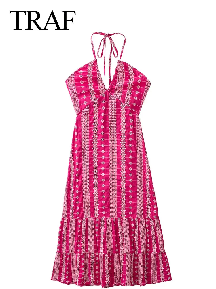 

TRAF Elegant Sexy V Neck Sleeveless Lady Sling Dress Retro Fashion Drawstring Halter Strap Backless Elastic Women's Dress