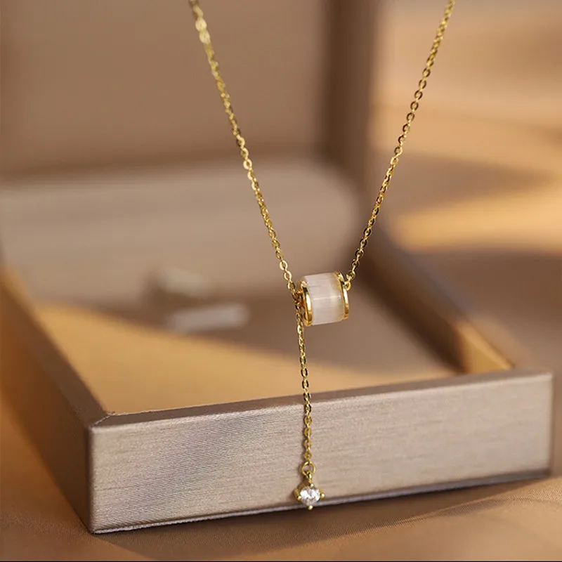 

New Women's S925 Sterling Silver Necklace White Opal Round Zircon Gold Collar Chain Fashion Jewelry