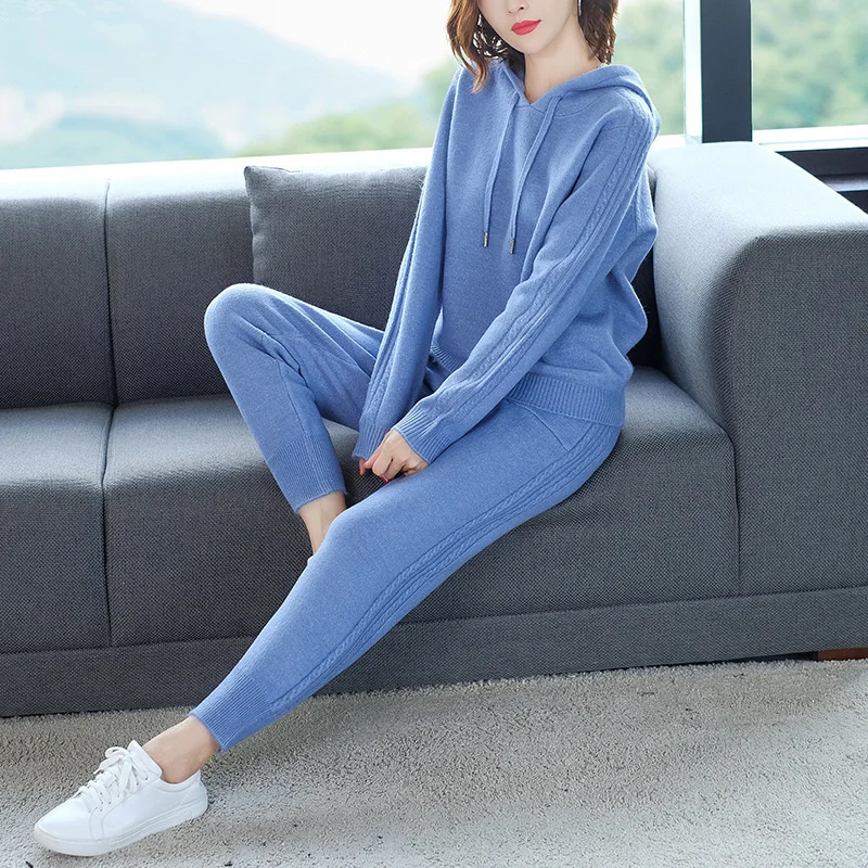 Autumn Winter Knitted Tracksuit Sweater Women Set Casual Clothes 2 Pieces Knit Hoodies Sweatshirts Top Pants Suits Size XXXL