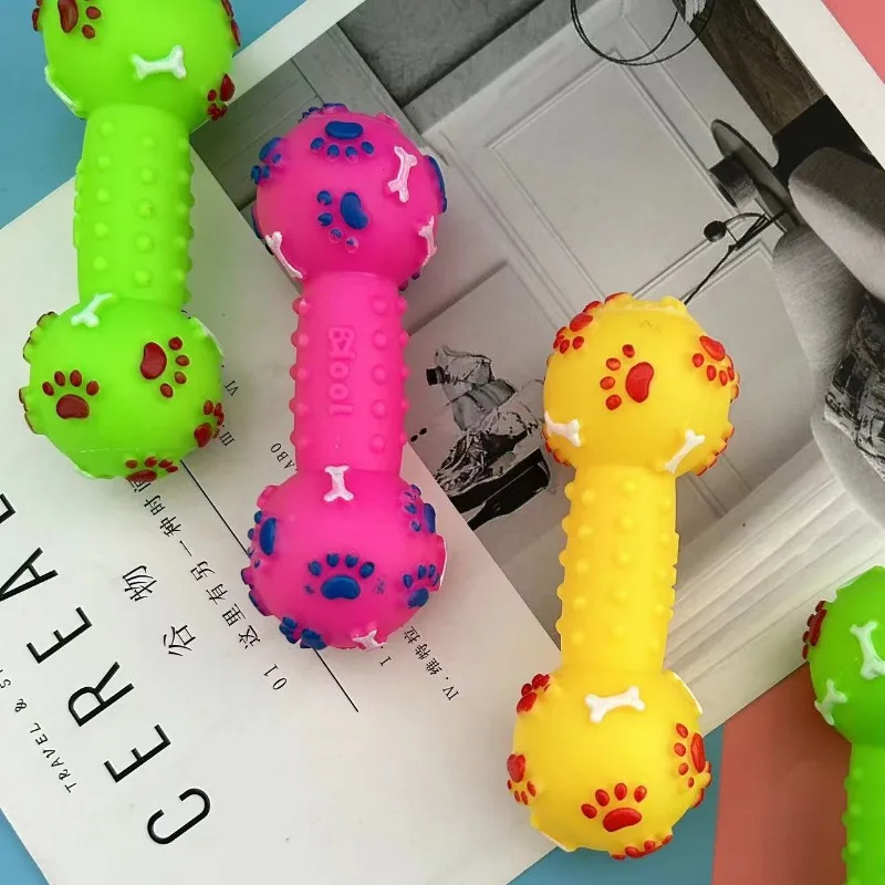 

Pet Bite Toys Solid PVC Paw Print Dumbbell Chew Interactive Squeaker Play Sound Teeth Cleaning Non-toxic Household Animals Dogs