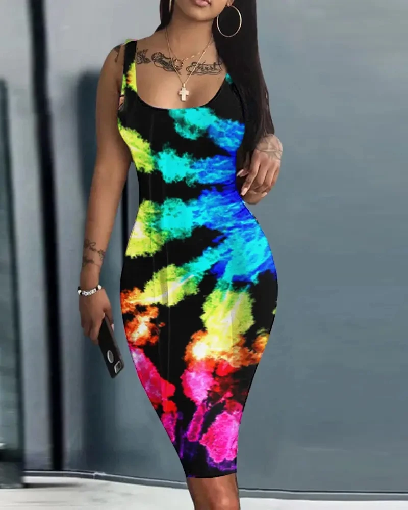 

Женское платье-скимпер без рукавов с U-образным вырезом и принтом, летнее сексуальное платье для ночного клуба Вечерние