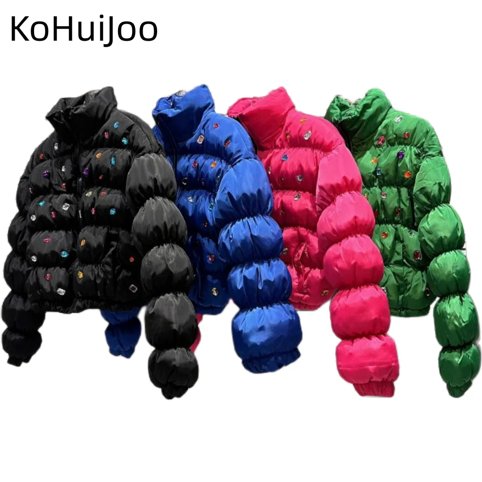 Winter Short  Cotton Padded Jacket Women 2022 Fashion Colorful Diamond Beaded Lantern Sleeve Slim Warm Down Cotton Parkas Street