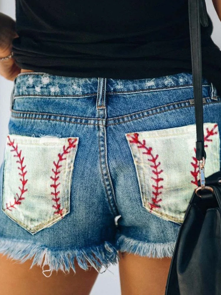 Summer Fashion Ripped Denim Short female Casual Button Fringed Jeans Short Women's Embroidery Print Streetwear Distressed Shorts