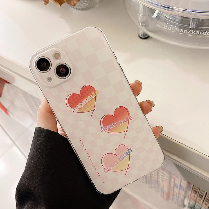 

Cute Pink Plaid love heart Transparent Phone Case For iPhone 13 11 12 Pro X XR XS Max MINI 7 8Plus Shockproof Cartoon Soft Cover