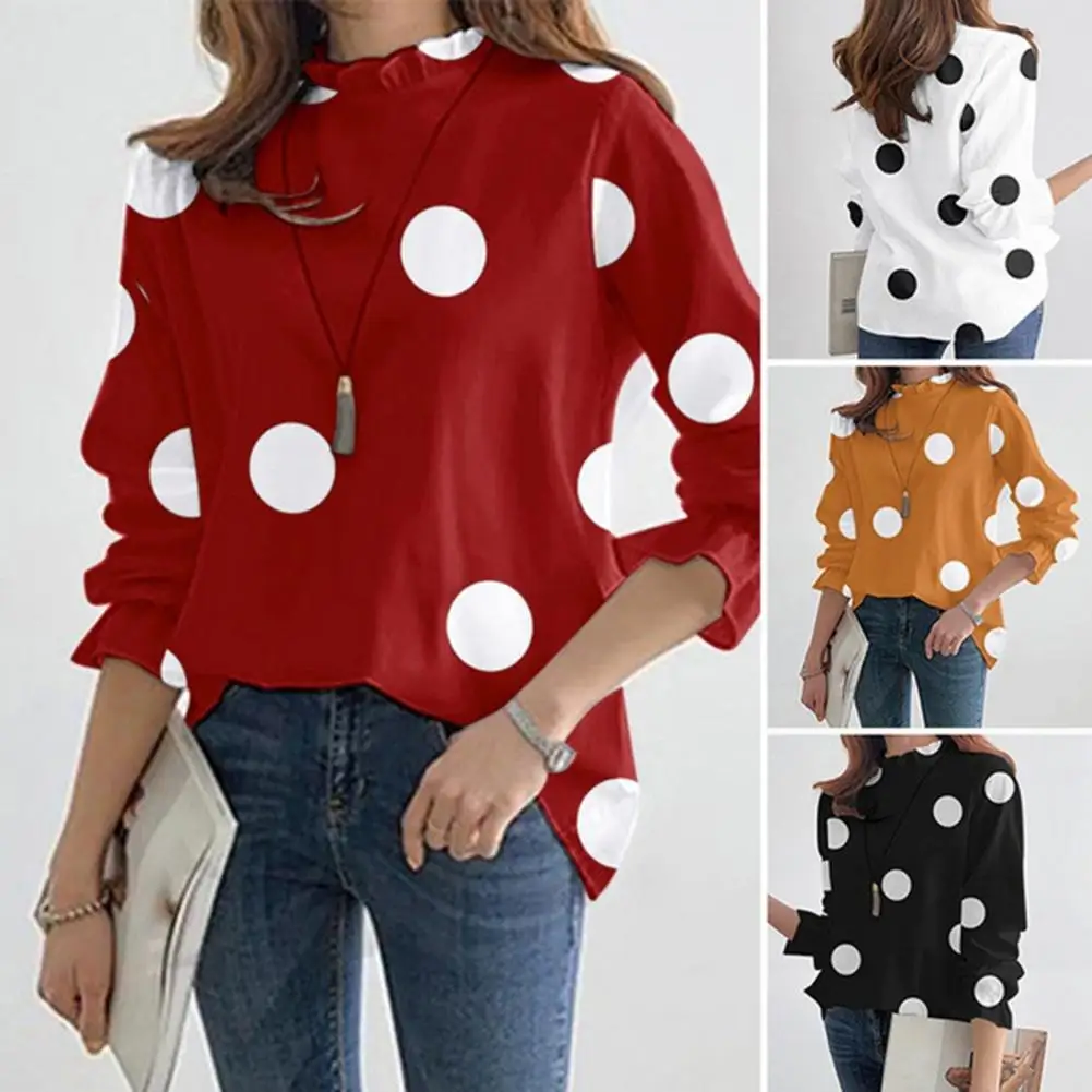 

Ruffle Collar Long Sleeve Loose Fit Women Shirt Simple Casual Dot Print Pullover Shirt Daily Clothing