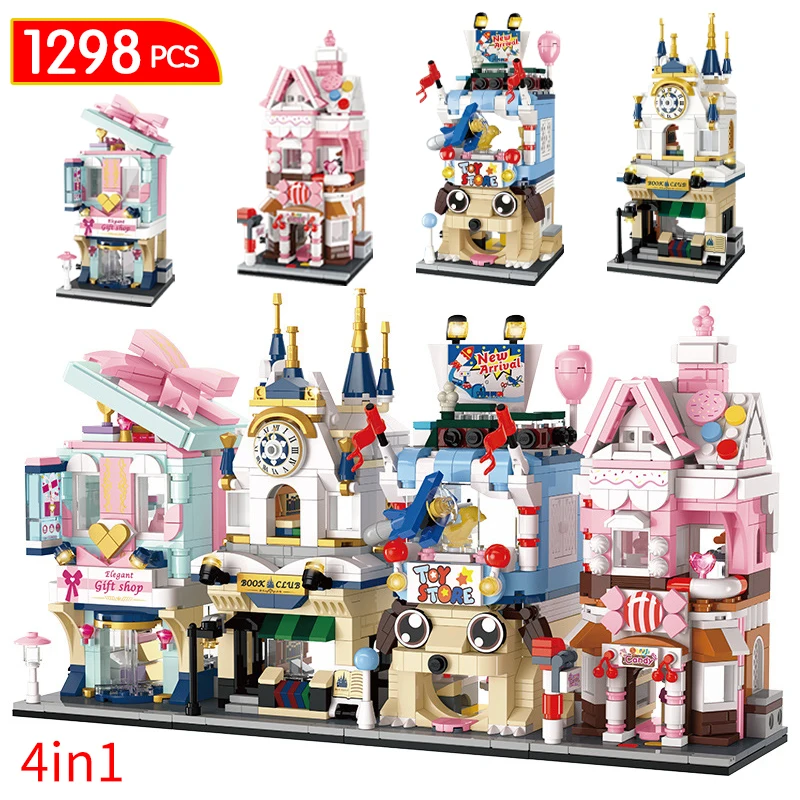 1298pcs 4 in 1 Friends City Library House Architecture Building Blocks Street View House Candy Castle Bricks Toys for Kids Gift