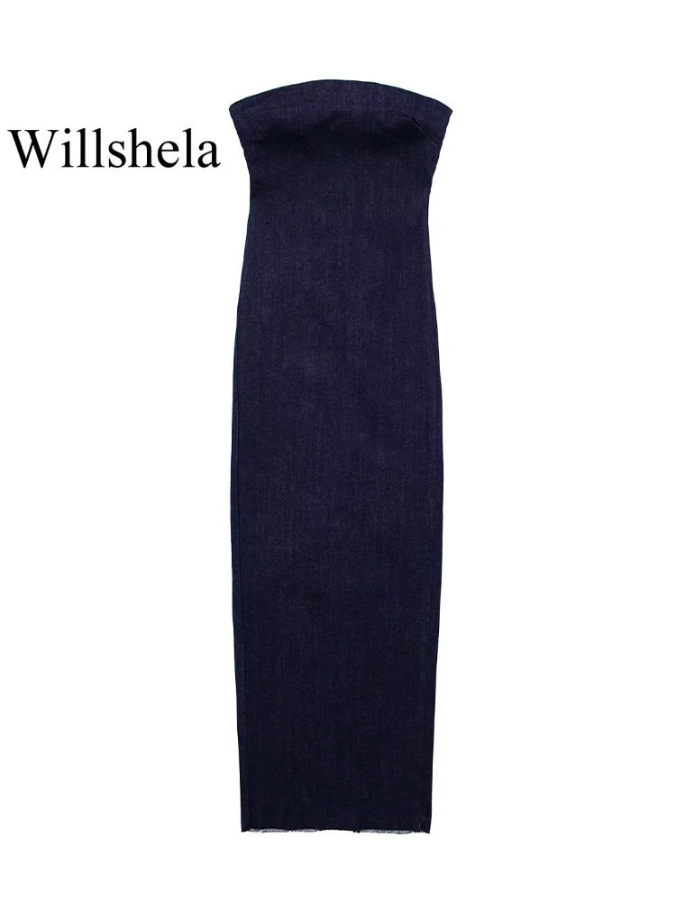 

Женское модное джинсовое однотонное платье миди на молнии сзади с разрезом винтажное платье без бретелек с открытой спиной женские шикарные женские платья