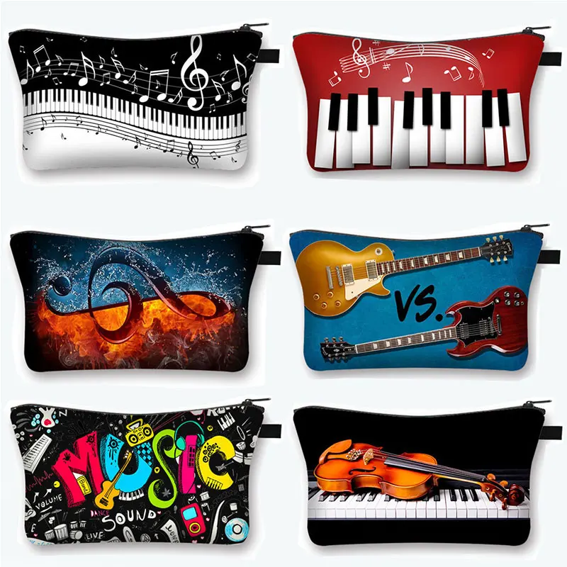 

Musical Instrument Printing Cosmetic Bag Zipper Cosmetic Women Makeup Bag Makeup Organizer Printed Piano Guitar Travel Bag