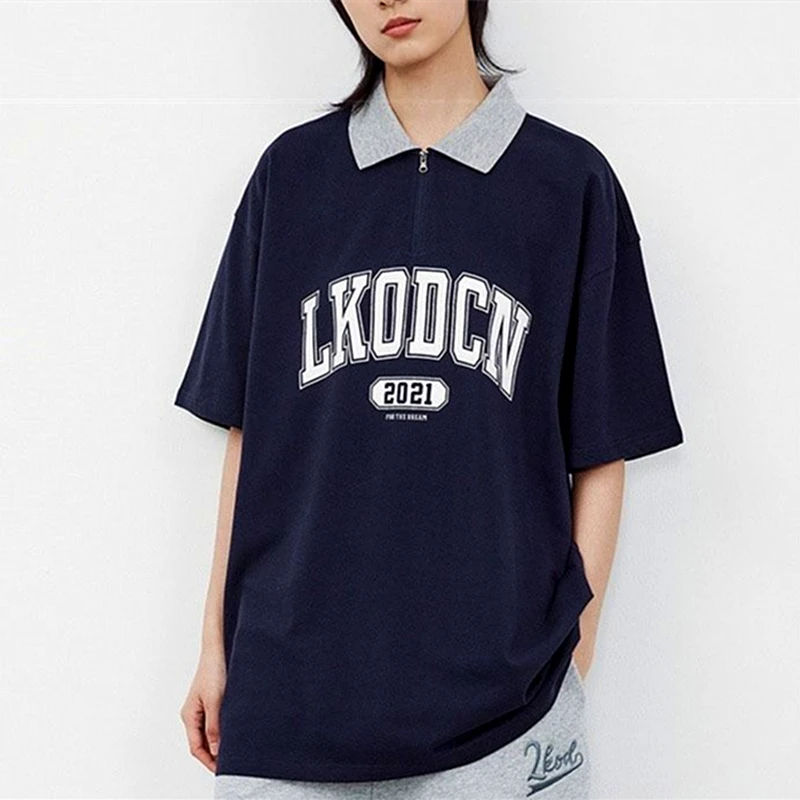 Retro Goth Letter Zip Up POLO Neck T Shirts Classic Navy Cotton Tops Oversized Men Women Streetwear Summer Tees Harajuku Casual