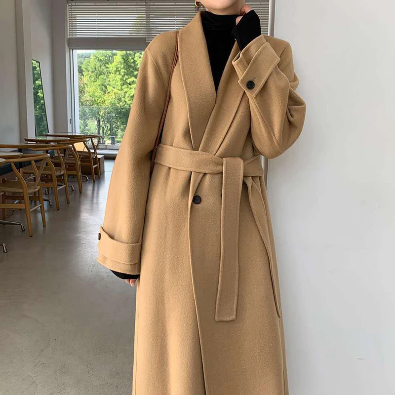 

F GIRLS Winter Women Solid Sashes Double Breasted Woolen Coats Female Thick Warm Outerwears Office Lady Korean Streetwear Coats