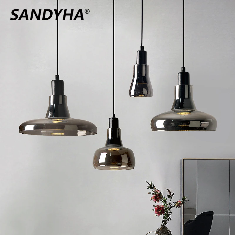 

SANDYHA New Smoky Gray Glass Pendant Lamp Modern Simple Chandelier for Bedroom Bedside Dining Room Led Hanging Lighting Fixtures