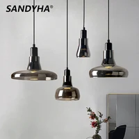 SANDYHA Smoky Gray Glass Pendant Lamp Modern 1 Head Chandelier Kitchen Bedroom Bedside Dining Room Led Hanging Lighting Fixtures