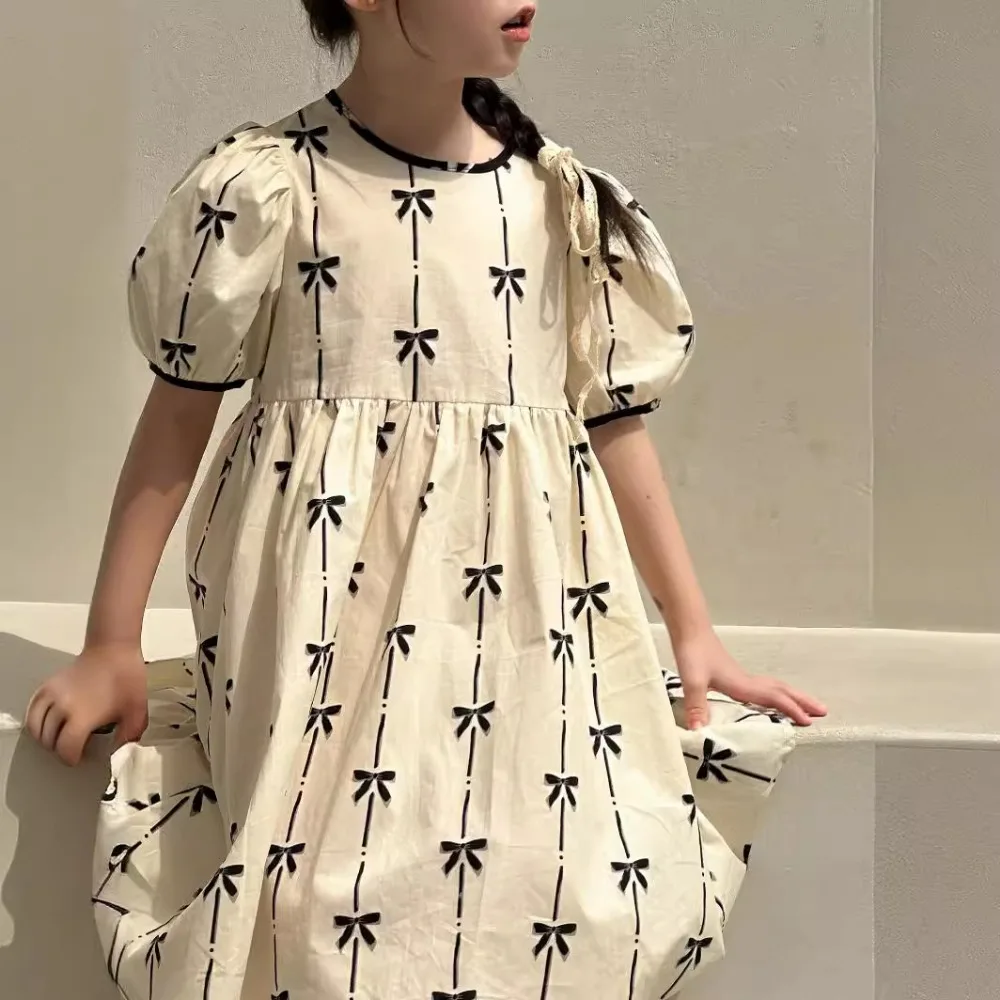 Платье для девочек в корейском стиле новинка 2024 летнее платье Babydoll с бантом и