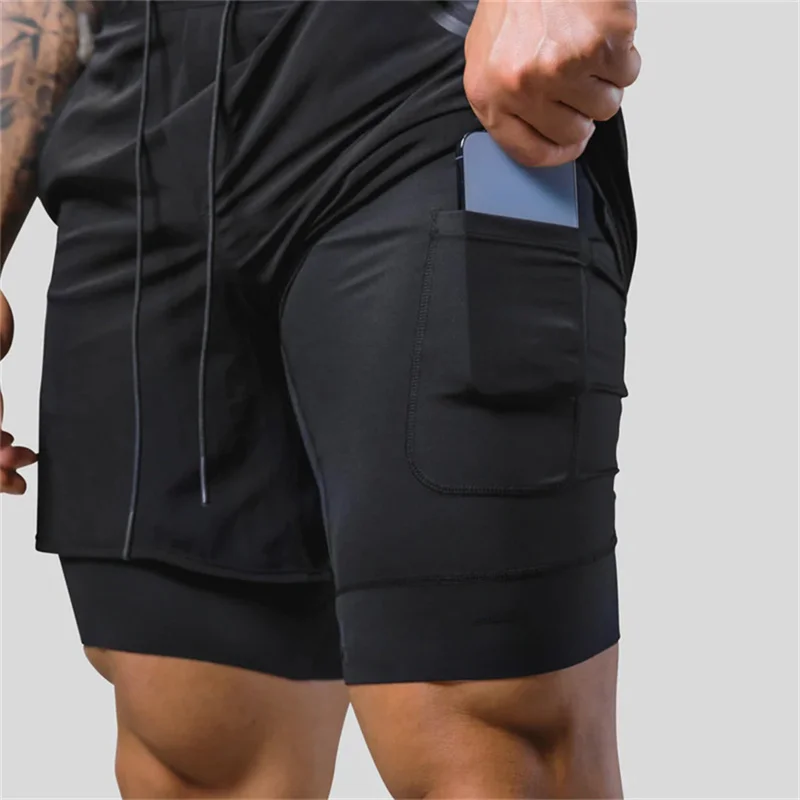 2023Summer New running shorts men's 2-in-1 shorts gym fitness bodybuilding training quick-drying shorts Lining Pocket Shorts men