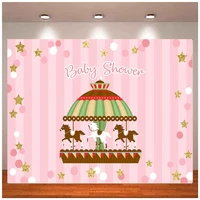 Newborn Photography Backdrop Round Design Banner Pink Pitches with Stripes Birthday Photo Background Poster Gold Stars