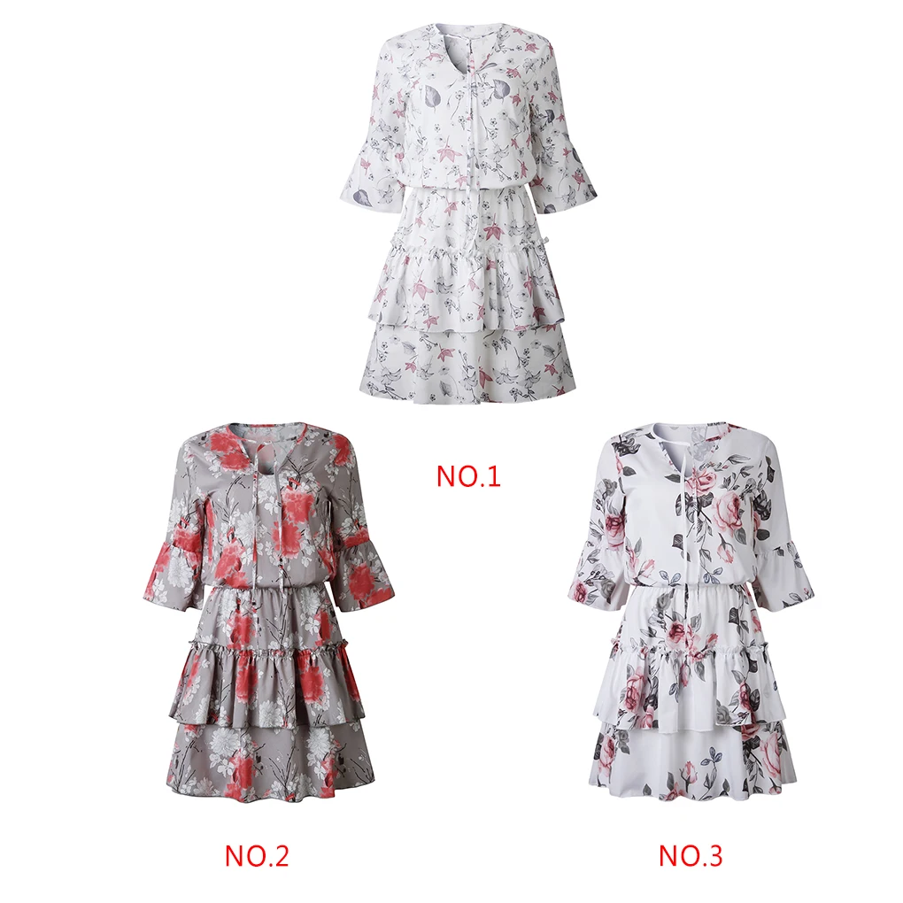 

3/4 Sleeve Floral Summer Dress Women Strappy V-Neck Ruffle Hem Mini Dress