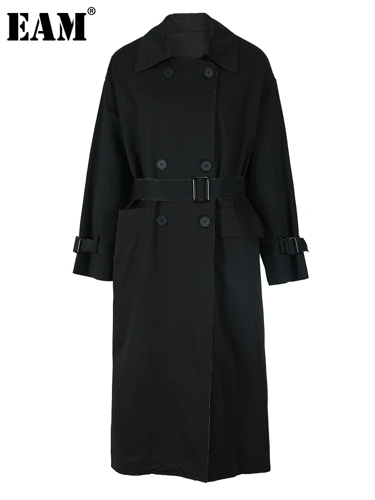 

[EAM] Women Black Belted Long Big Size Trench New Lapel Long Sleeve Loose Fit Windbreaker Fashion Spring Autumn 2023 1DF103401