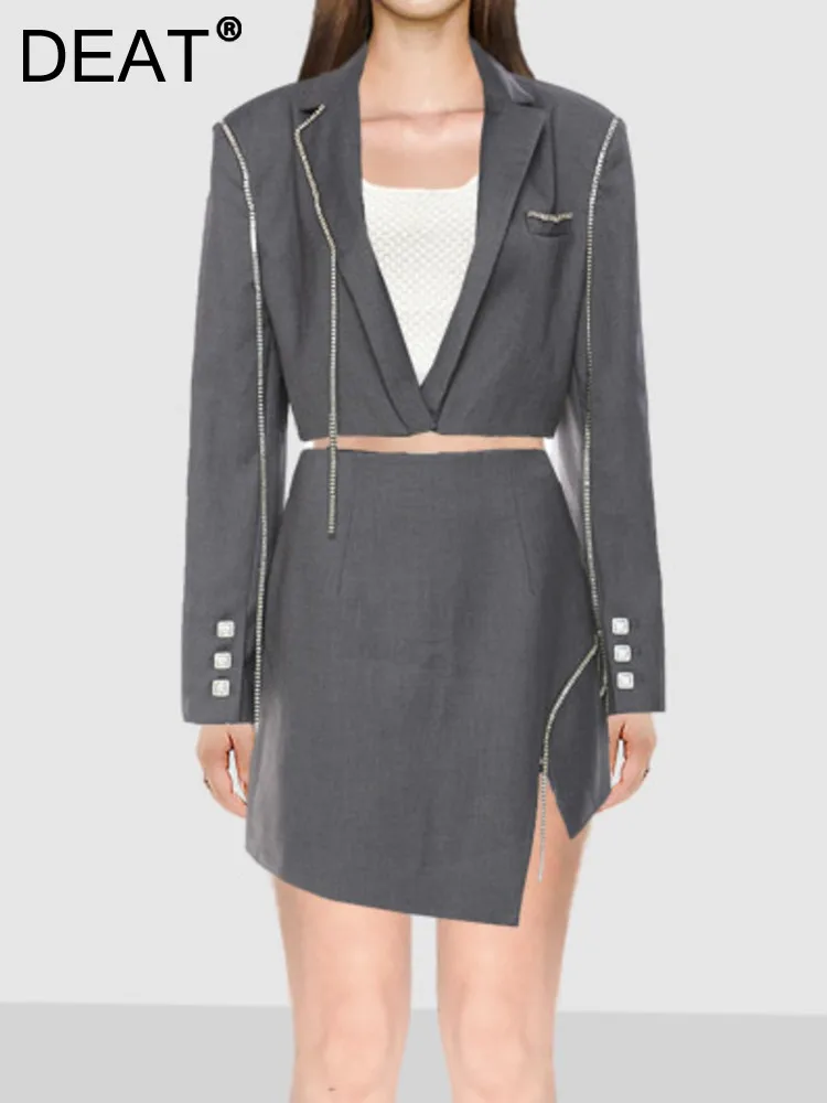 

DEAT Fashion Women 2 Pcs Set Long Sleeve Chain Short Button Blazer Irregular High Waist Split Skirt Suit Spring 2023 New 7DS195