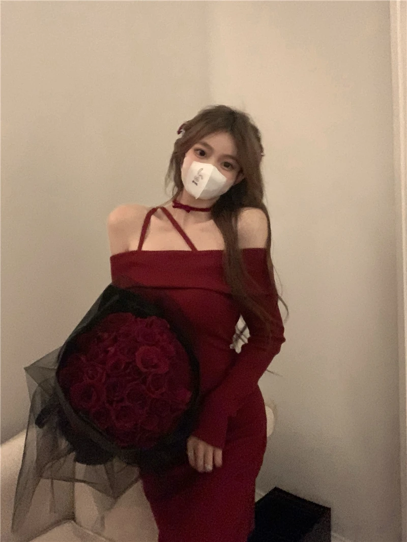 

Pure Desire A Neckline Knit Dress Female Autumn Winter Slim Hip Vestidos Sexy Sweet Hot Long Dresses Red Christmas Women Outfits