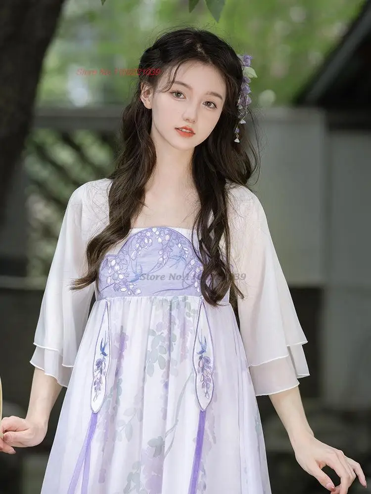 

2023 traditional chinese improved hanfu ruqun dress ancient stage fairy performance dress national flower print chiffon dress