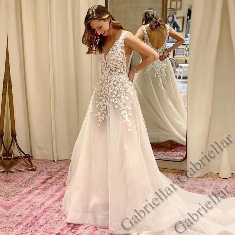 Gabriellar Trendy A-line Wedding Dress Princess LaceUp Exquisite Applique V-Neck Mopping Gown Vestido De Novia 2023 Women