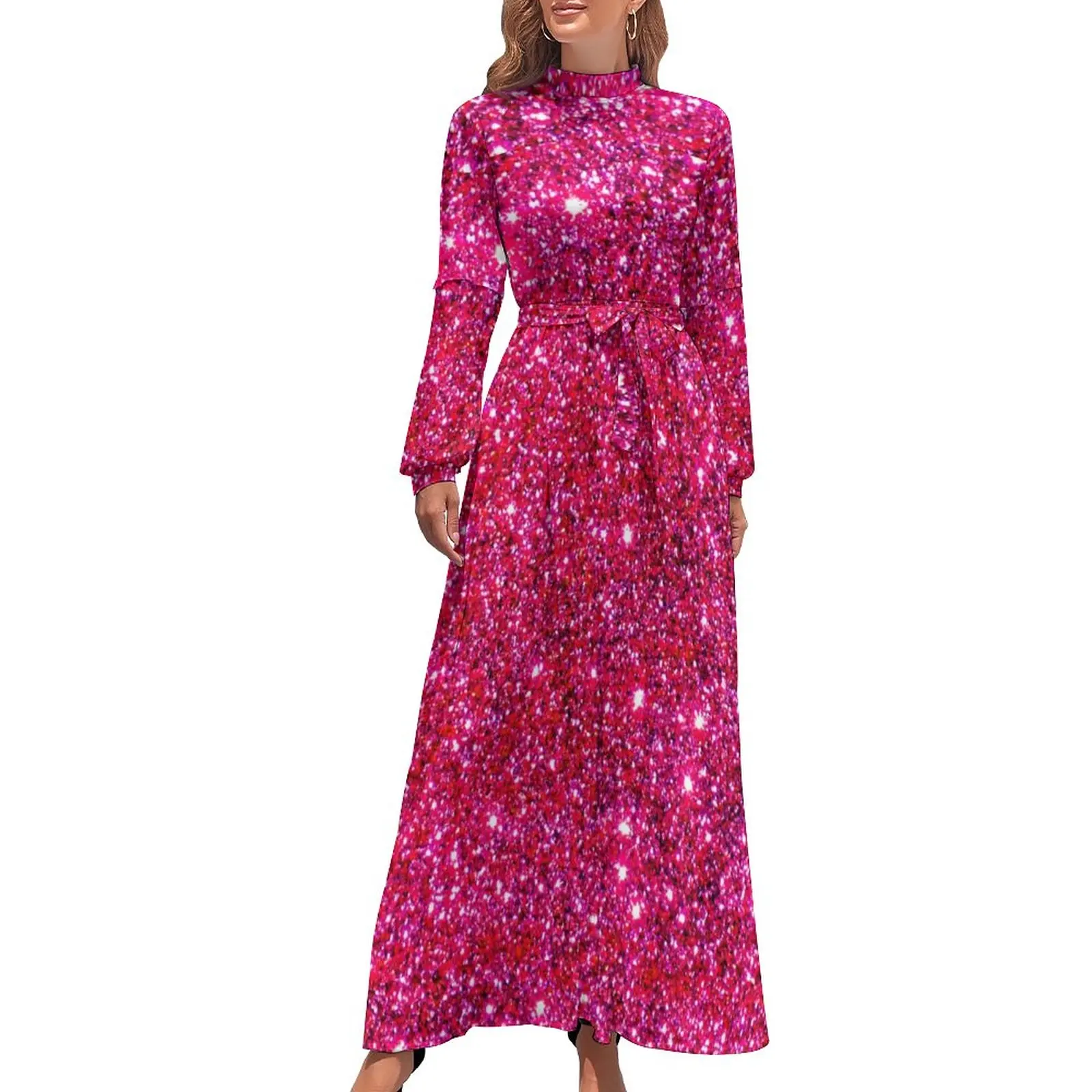 

Cute Sparkly Pink Dress High Neck Glittery Sparkle Print Beach Dresses Long-Sleeve Street Wear Long Maxi Dress Modern Clothes