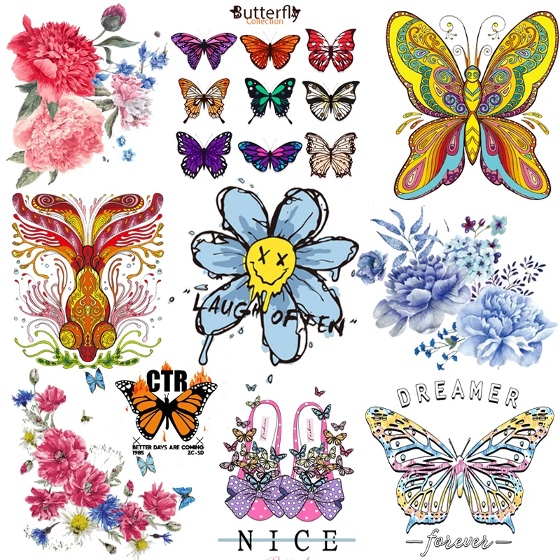 

Flower Patch Butterfly Sunflower Iron-on Transfers for Clothing Thermoadhesive Patches Stickers on Clothes Girl T-Shirt Applique