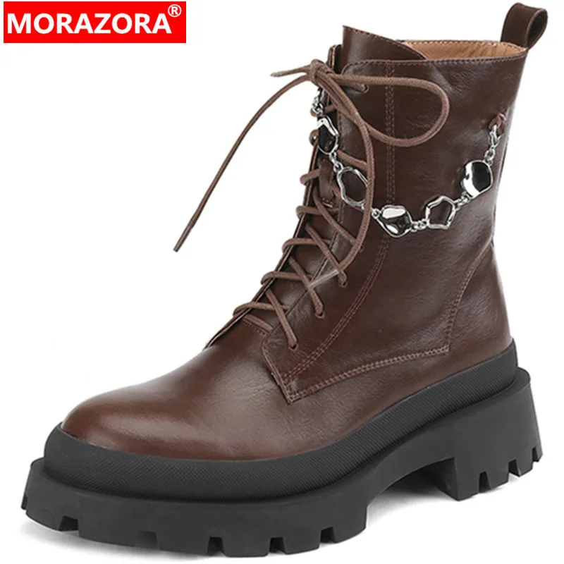 

MORAZORA 2022 New Ladies Spring Autumn Boots Narrow Band Genuine Leather Women Boots Retro Thick High Heels Ankle Boots