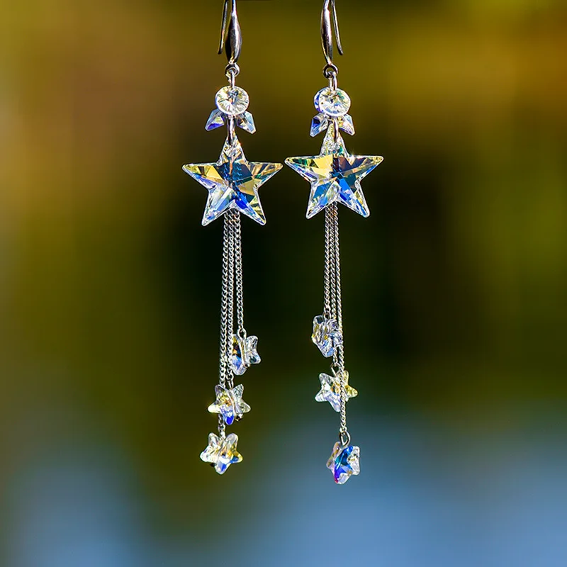 

New Silver Plated Starry Sky Glass Filled Crystal Drop Dangle Earrings For Women Long Tassel Earring Korean Temperament Jewelrys