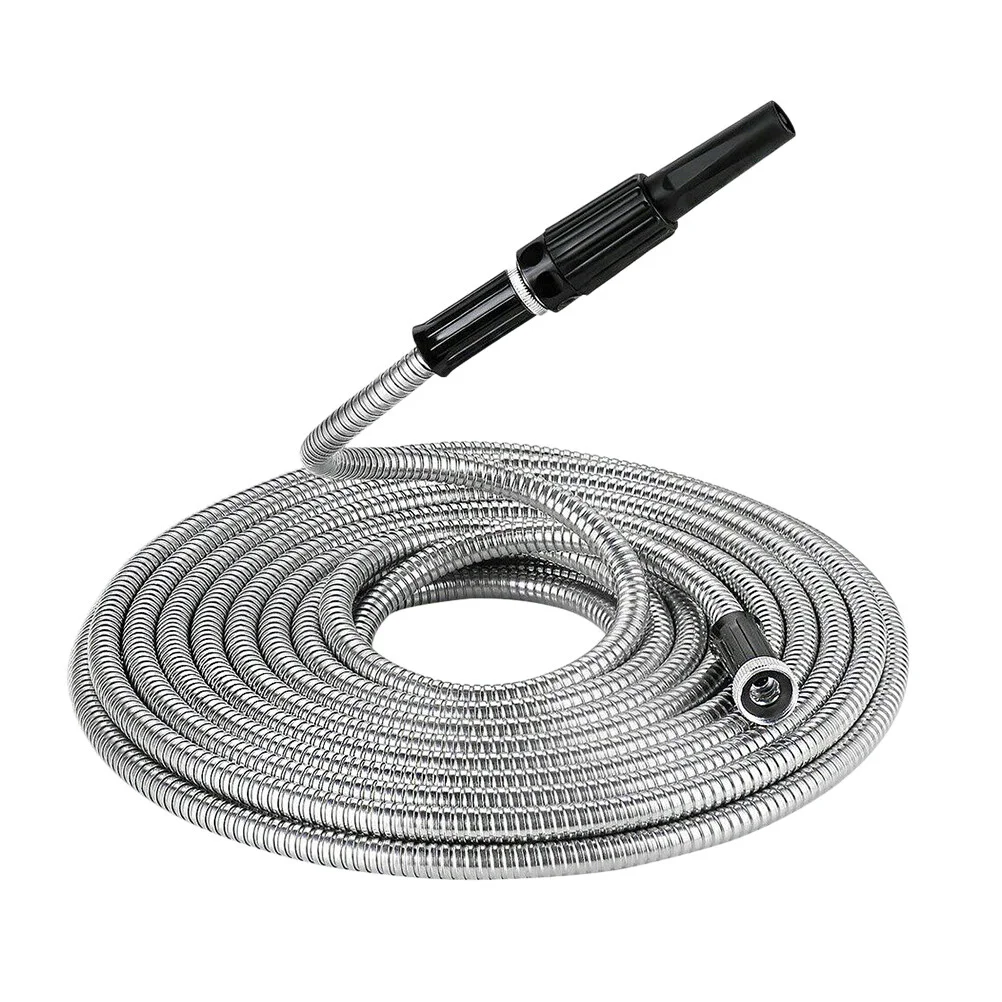 

25Ft Stainless Steel Lightweight Garden Hose Heavy Duty Metal Watering Hose Garden Water Hose Pipe Free Spray Nozzle Home Silver