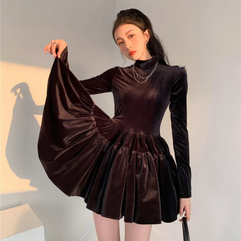 

Осеннее милое бархатное женское платье, винтажное Пышное Платье с воротником-бантом и длинными рукавами, элегантное мини-платье с высокой т...