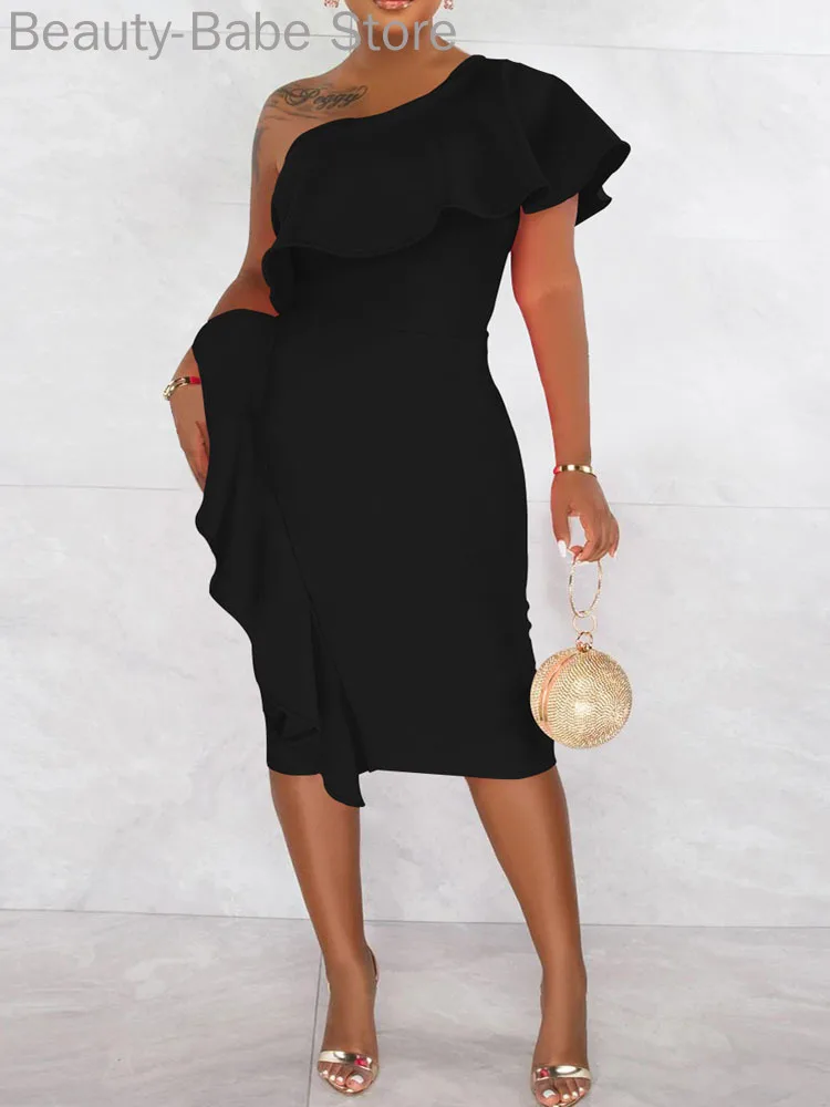 

Women One Shoulder Ruffles Design High Waist Split Bodycon Dress