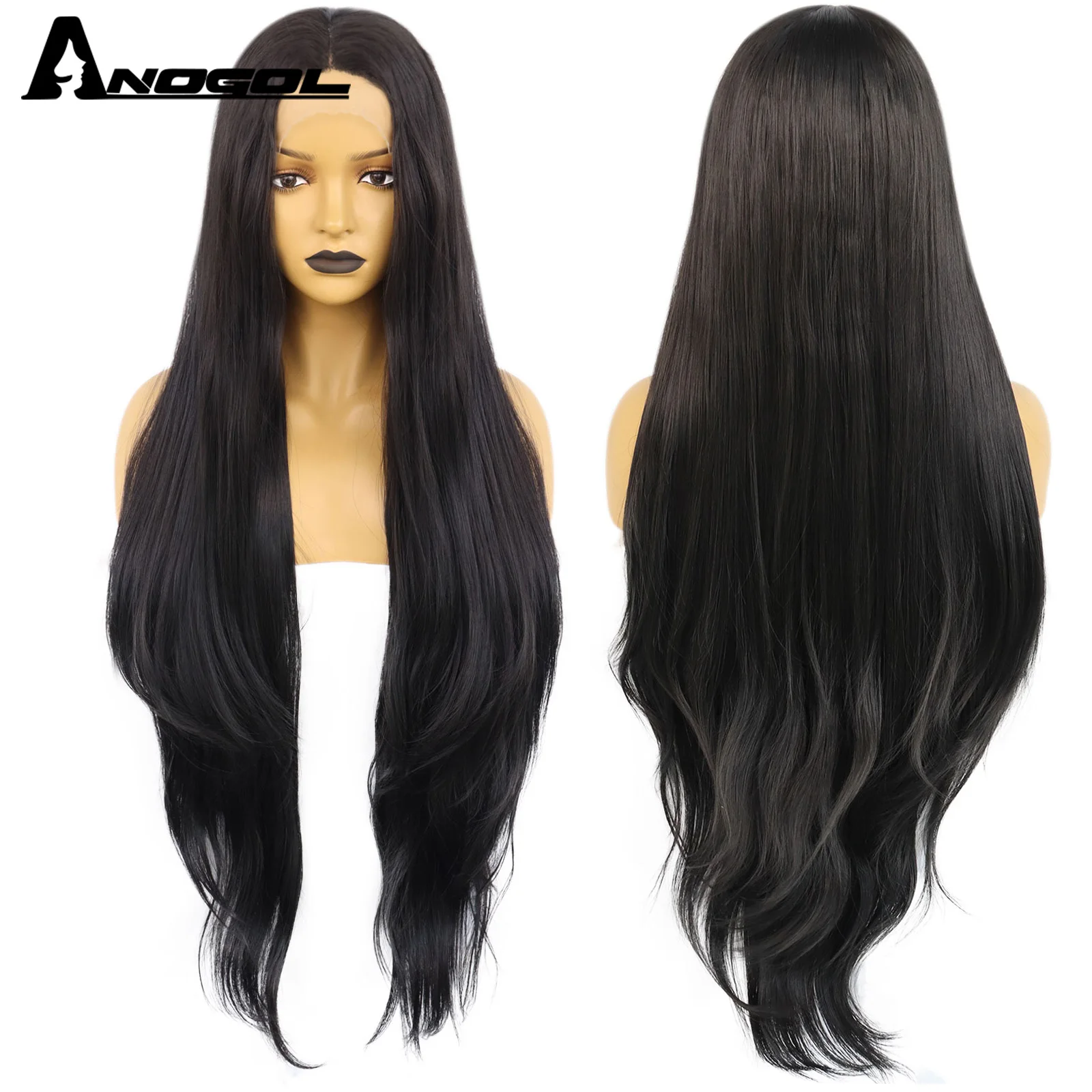 AN Synthetic Wig 40inch Natural Black Body Wave 13x1 Tpart Lace Wig Long #1B Black Heat Resistant Fiber Wig for Women Brazilians