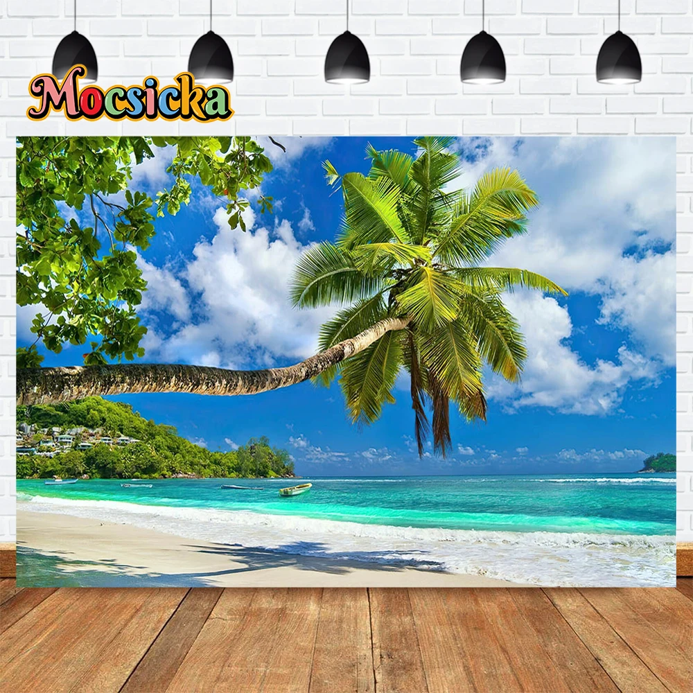 

Summer White Beach Sand Photography Background Newborn Cake Smash Studio Kits Coconut Tree Boat Decorate Customizable Backdrops
