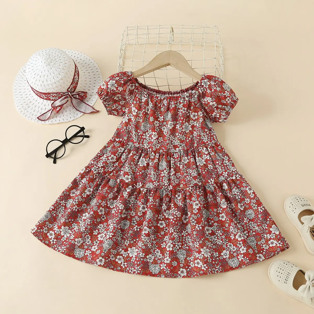 

2-7 Years Old Summer Short Sleeve Skirt Round Neck Floral Dress For Kids Girl