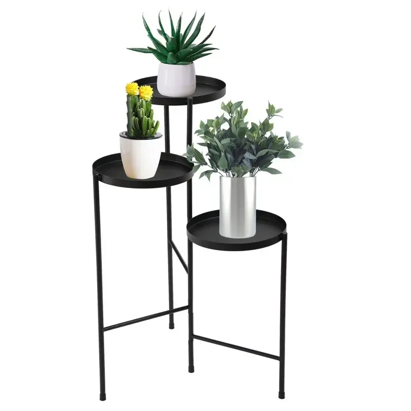 

3 Tier Foldable Metal , Planter Display Shelf Rack with Trays for Living Room, Balcony, Black