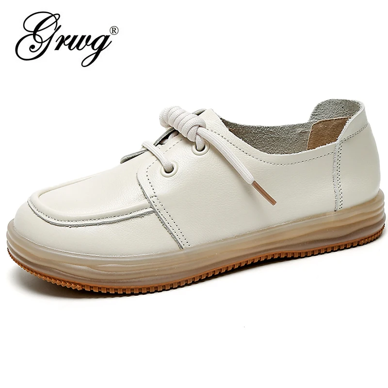 

GRWG Women Sneakers 2022 New Breathable Lace Up Female Genuine Leather Shoes Fashion Casual