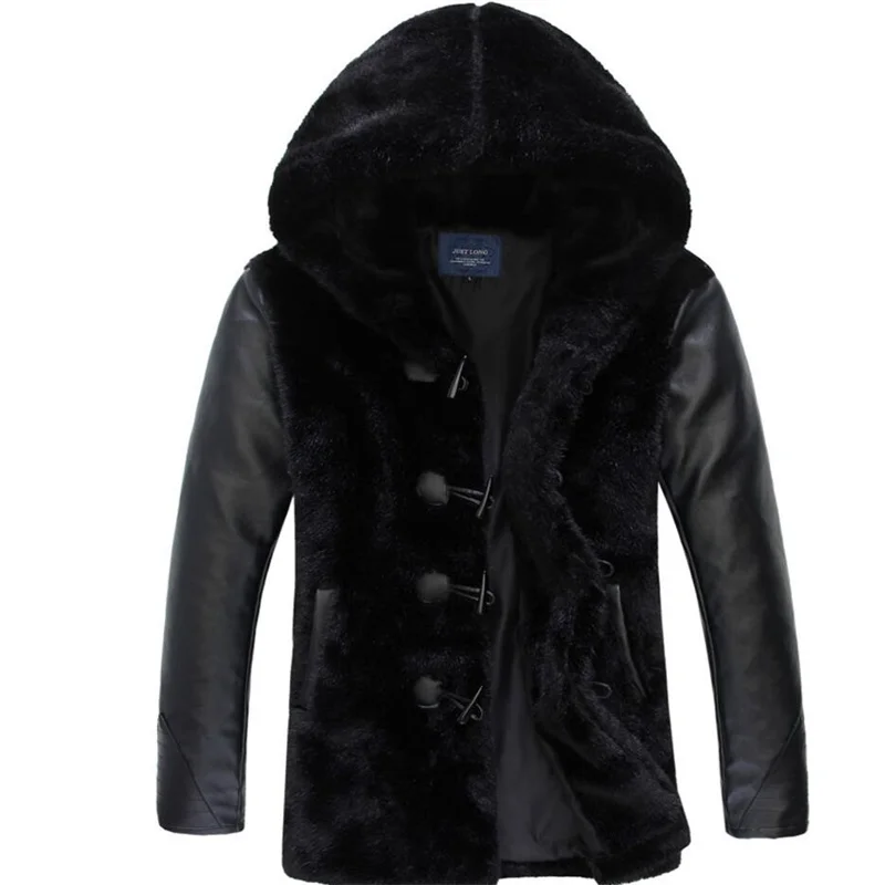 Autumn faux mink fur leather jacket mens winter thicken warm hooded fur leather coat men loose jackets fashion B246