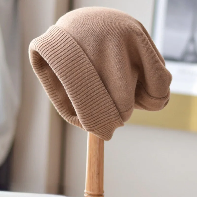 

Cashmere Roll Edge Double-layer Warm Beanies Women Wool Thickened Knitted Hat Winter Casual All-match Korean Ear Protection Hat